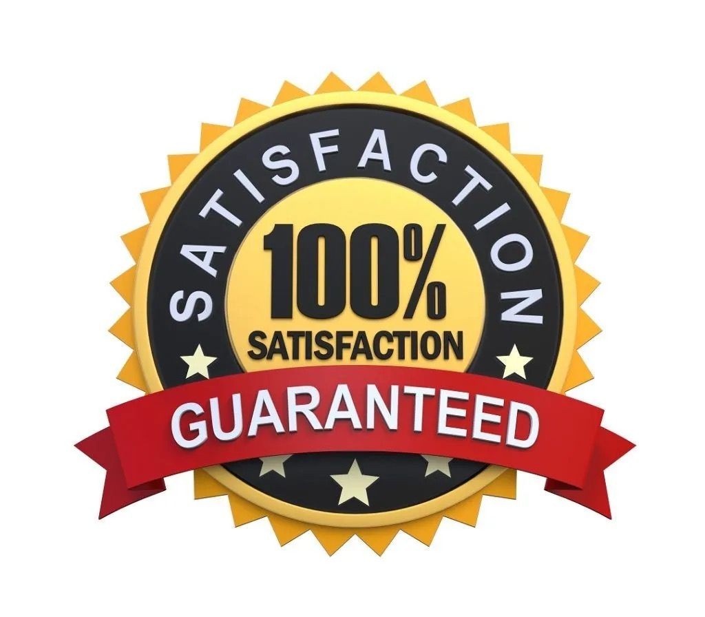 Gold and black badge with text '100% Satisfaction Guaranteed' on a red ribbon.