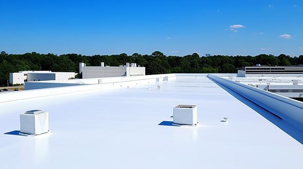 Wide view of a large white rooftop on a sunny day with trees and buildings in the background.