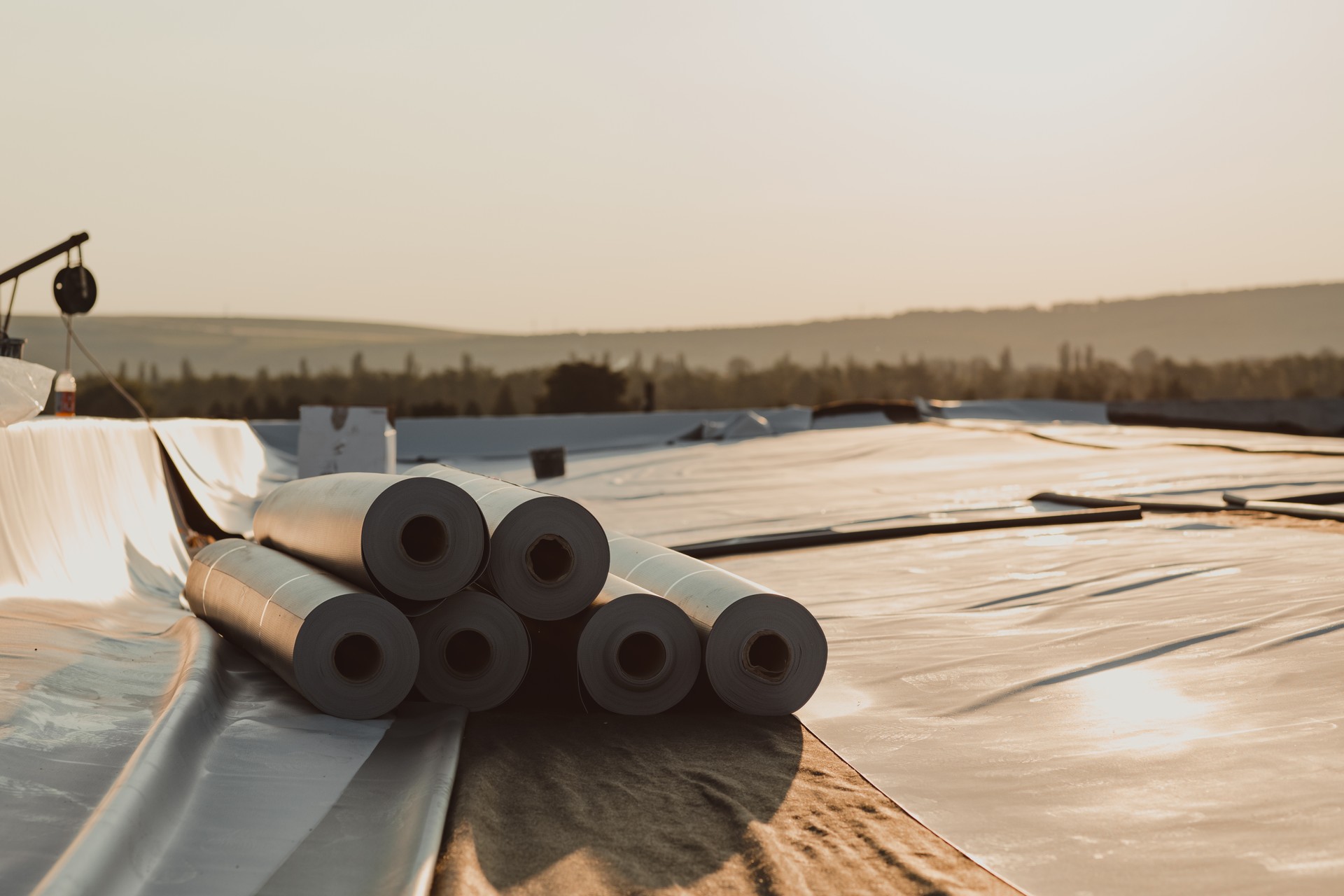 Roofing PVC membrane in rolls placed on the roof of a hall.Rubber membrane ready.