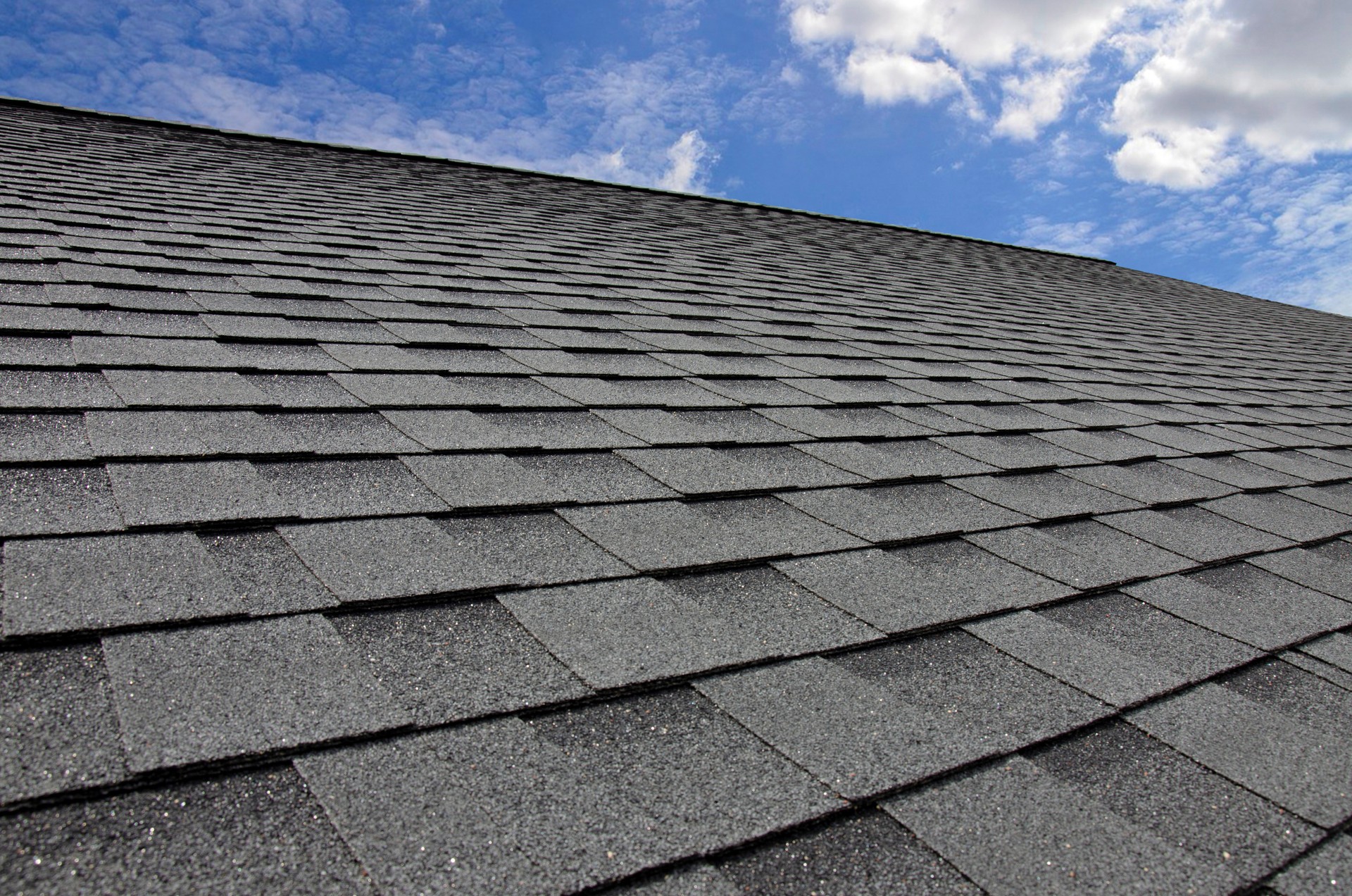 Bituminous shingle tile against the sky